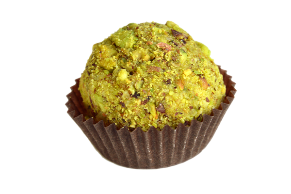 Truffle with white chocolate, matcha and pistachio</br><gf>.</gf